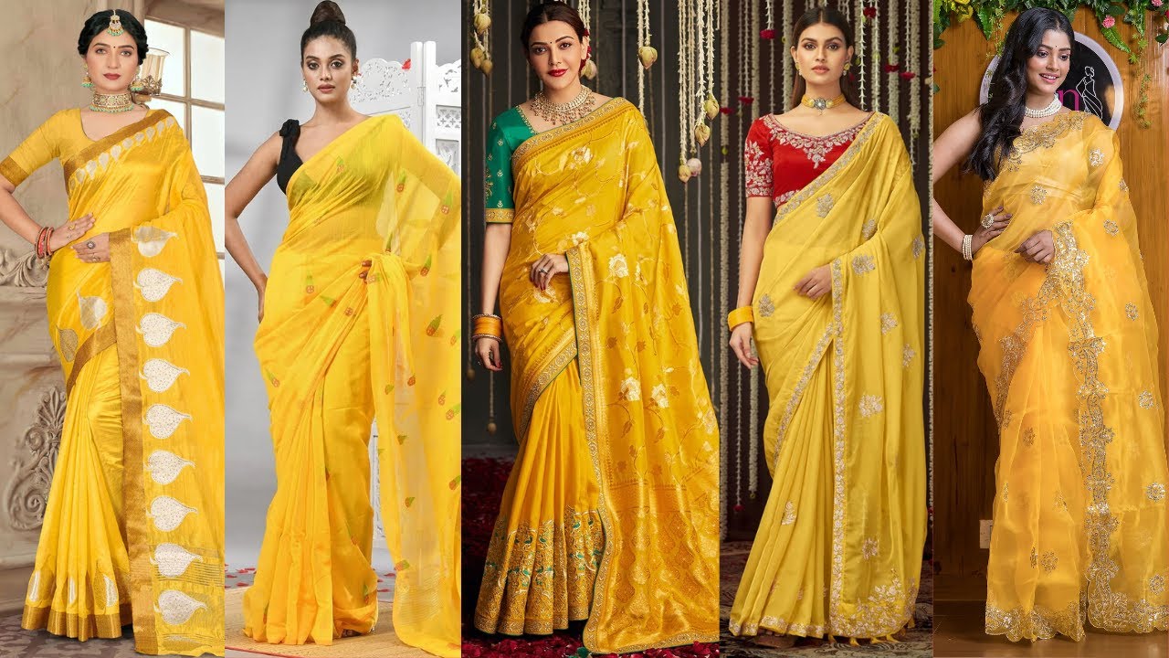 Дизайнерские идеи жёлтого сари // Традиционные модели жёлтого сари // Модели жёлтого хлопкового с...