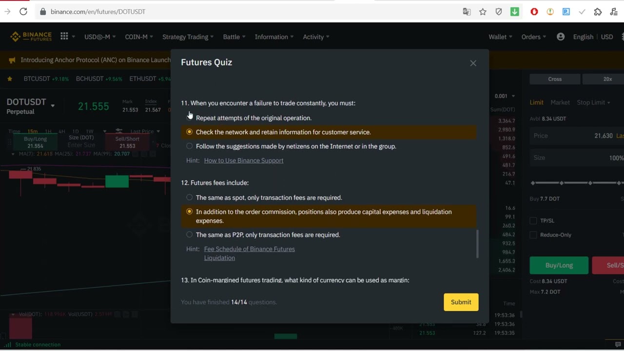 Answers to the quiz before trading Future Binance for the first time