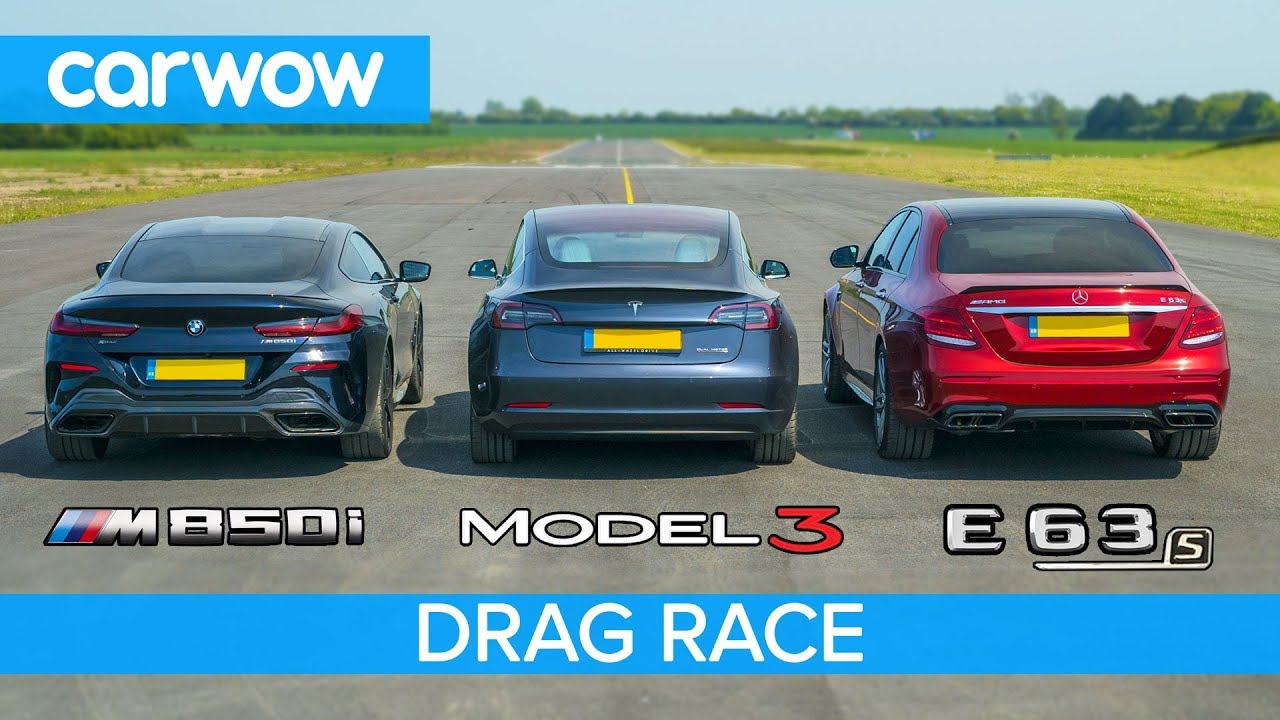 Tesla Model 3 v BMW M850i v Mercedes-AMG E63 S - DRAG RACE, ROLLING RACE & BRAKE TEST