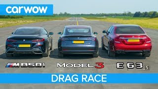 BMW M850i vs Tesla Model 3 vs Mercedes-AMG E63 S - DRAG RACE, ROLLING RACE \& BRAKE TEST