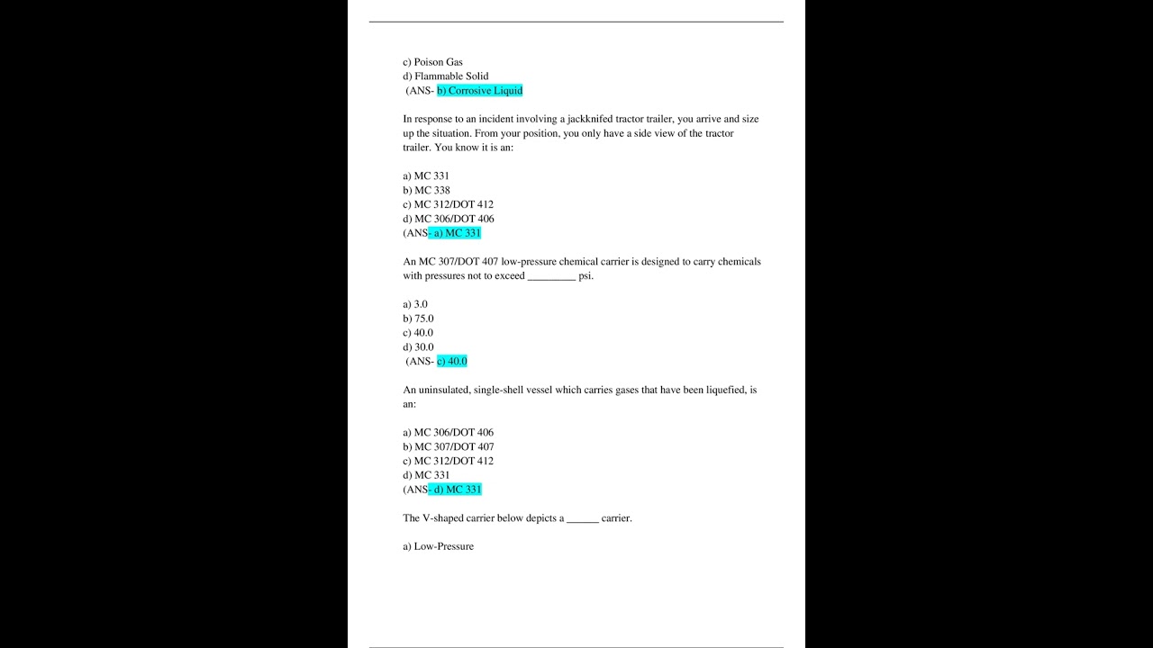 TCFP HAZMAT OPS PRACTICE TEST 1 FIREFIGHTERQUESTIONS EN ANSWERS GRADED A