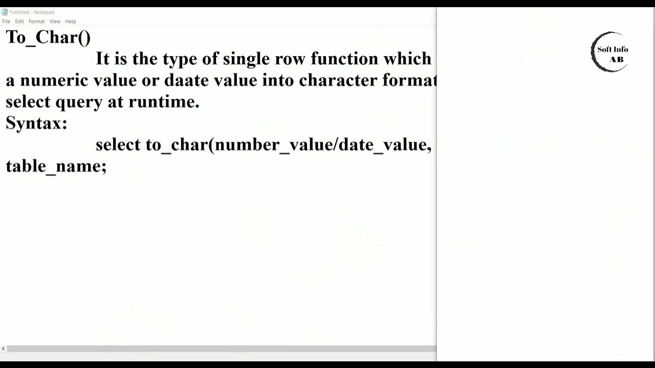 Sql to char function | to char function in database - YouTube