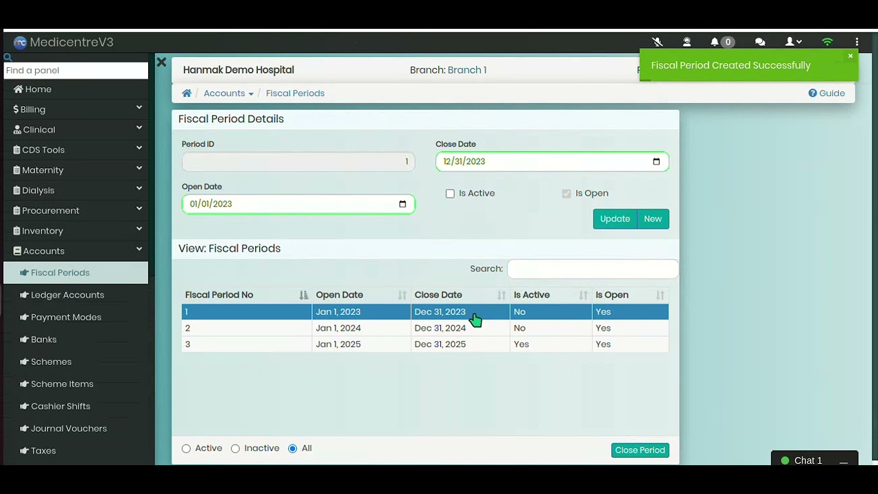 How to Create and Open Accouting Fiscal Period   MedicentreV3 Hospital Software