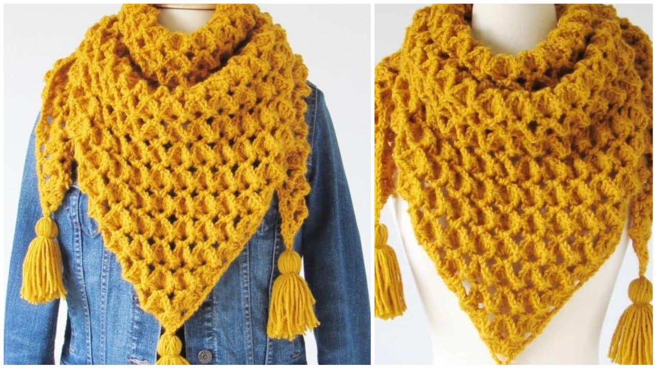 شال كروشية مثلث سهل للمبتدئين بغرزة شتويه مجسمه