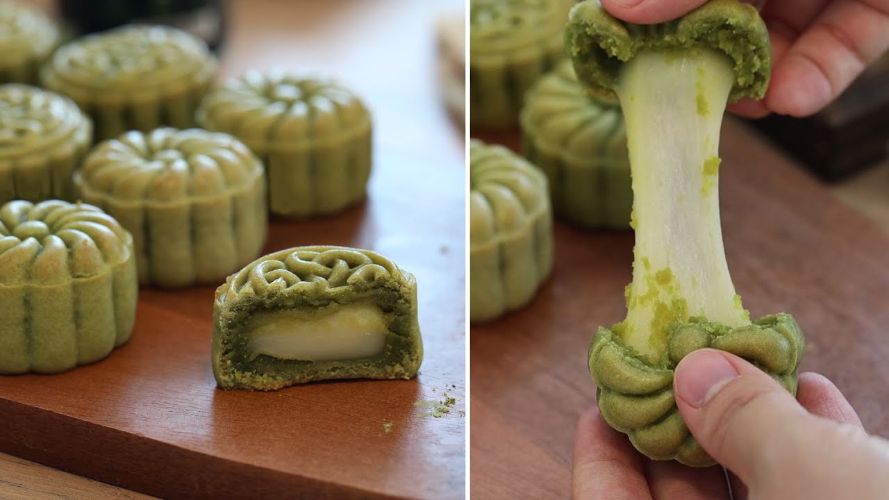 Bánh trung thu trà xanh vỏ giòn nhân mochi kem trứng muối | Matcha mochi mooncakes