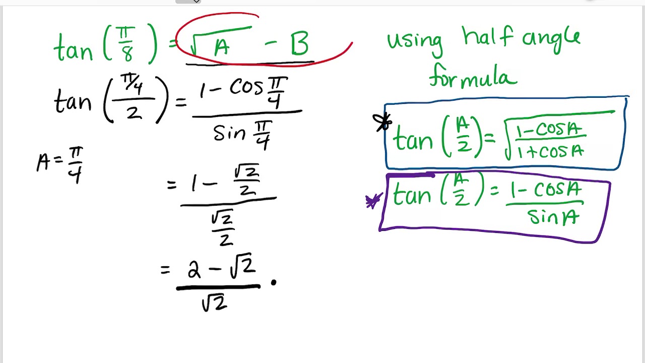 Example Simplify Tan Pi 8 Using Half Angle Formulas YouTube