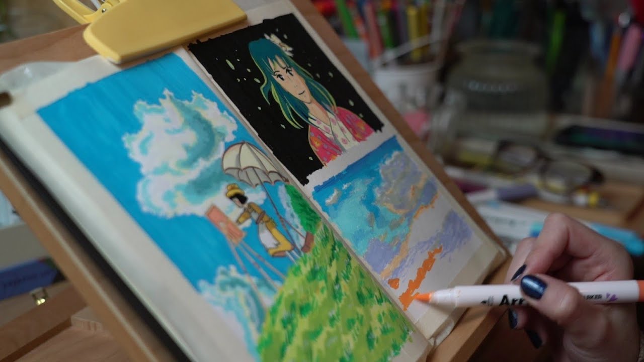 Let's try 90 colors Arrtx Acrylic Markers | Ghibli scene | ASMR - YouTube