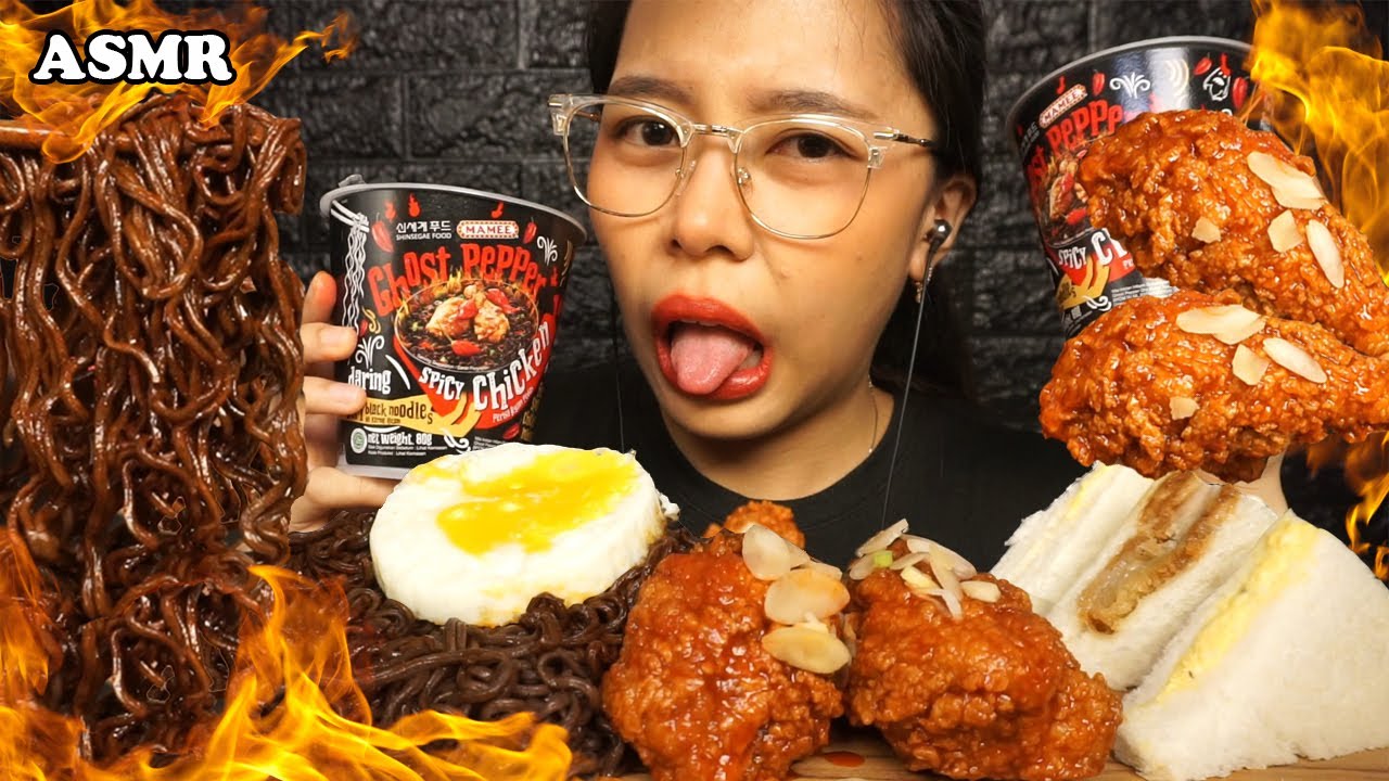 ASMR Ghost Pepper Noodles & Spicy Honey Fried Chicken.. what a weird craving 🥵🔥 | Eating Sounds