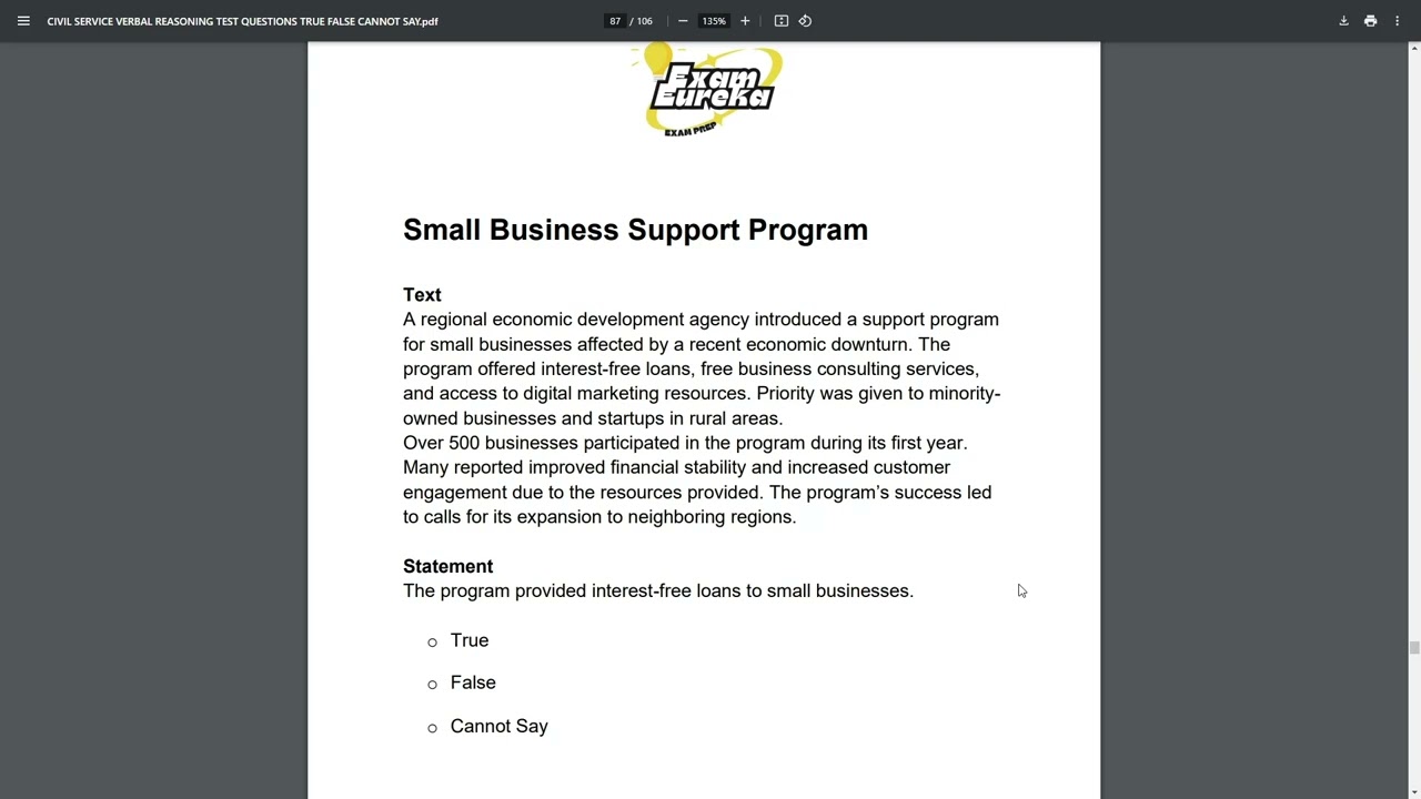 Civil Service Verbal Test - Practice Scenario - Small Business Support Program