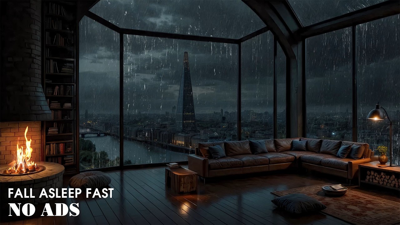 Million Dollar Cozy Bedroom Overlooking London 🌩️ Rainfall, Thunder Sounds & Fireplace for Relaxing