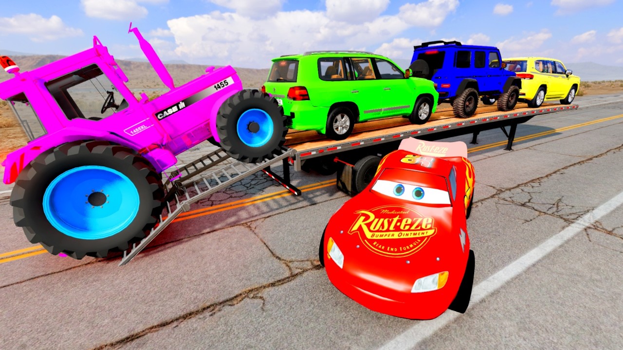 TRANSPORTING PIXAR CARS & FRUITS WITH COLORED & JOHN DEERE vs CLAAS vs TRACTORS - BeamNG.drive