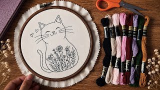 Floral cat embroidery pattern || Hand embroidery for beginners - Let’s Explore 