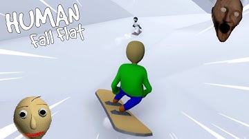 BALDI AND GRANNY GOING DOWNHILL WITH SNOWBOARDS ON EPIC SNOWY MOUNTAIN in HUMAN FALL FLAT