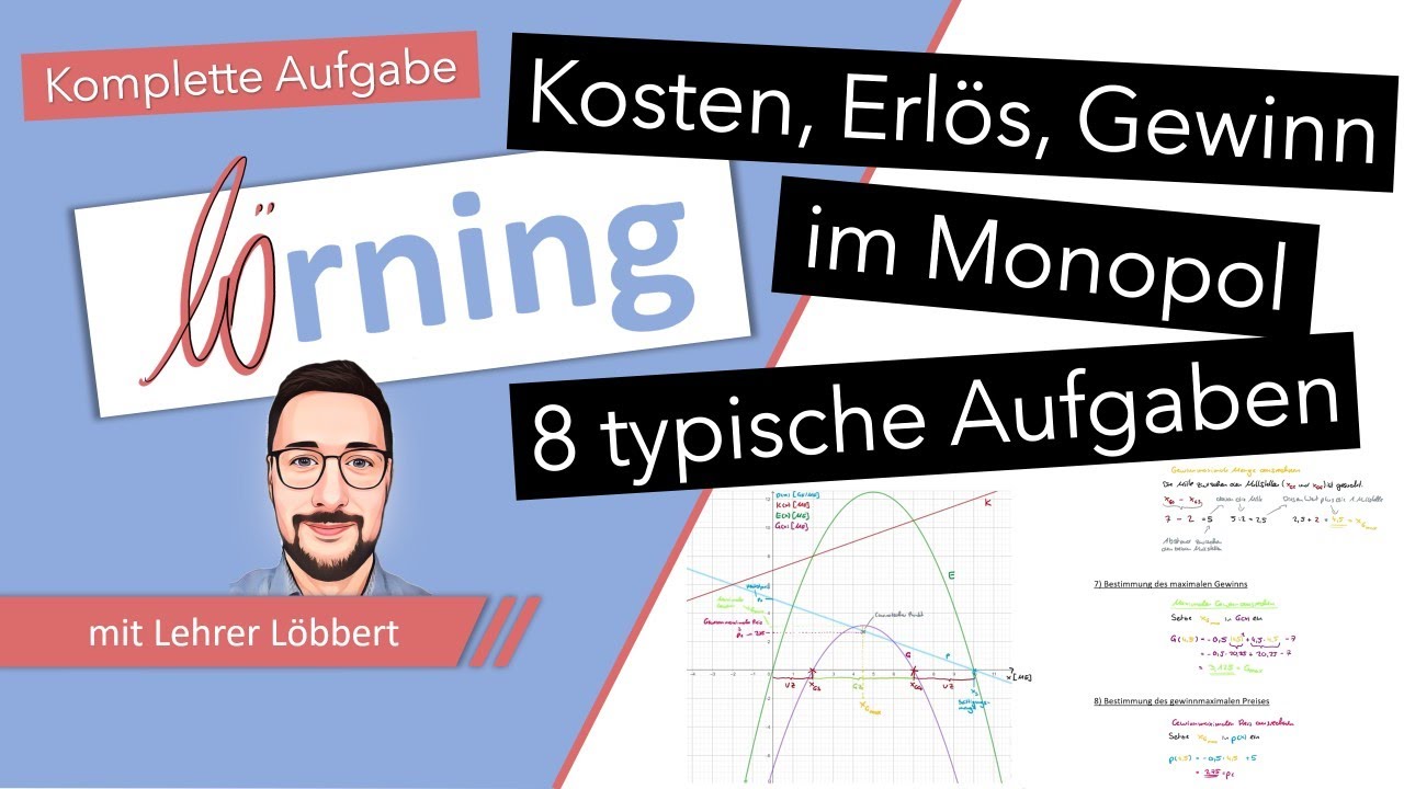 Kosten, Erlös, Gewinn im Monopol - 8 typische Aufgaben einfach erklärt - Quadratische Funktionen