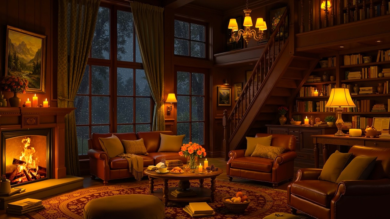 Cozy Cottage Ambience 🔥 Relaxing Jazz with Gentle Night Rain & Fireplace Sounds for Sleep, Study