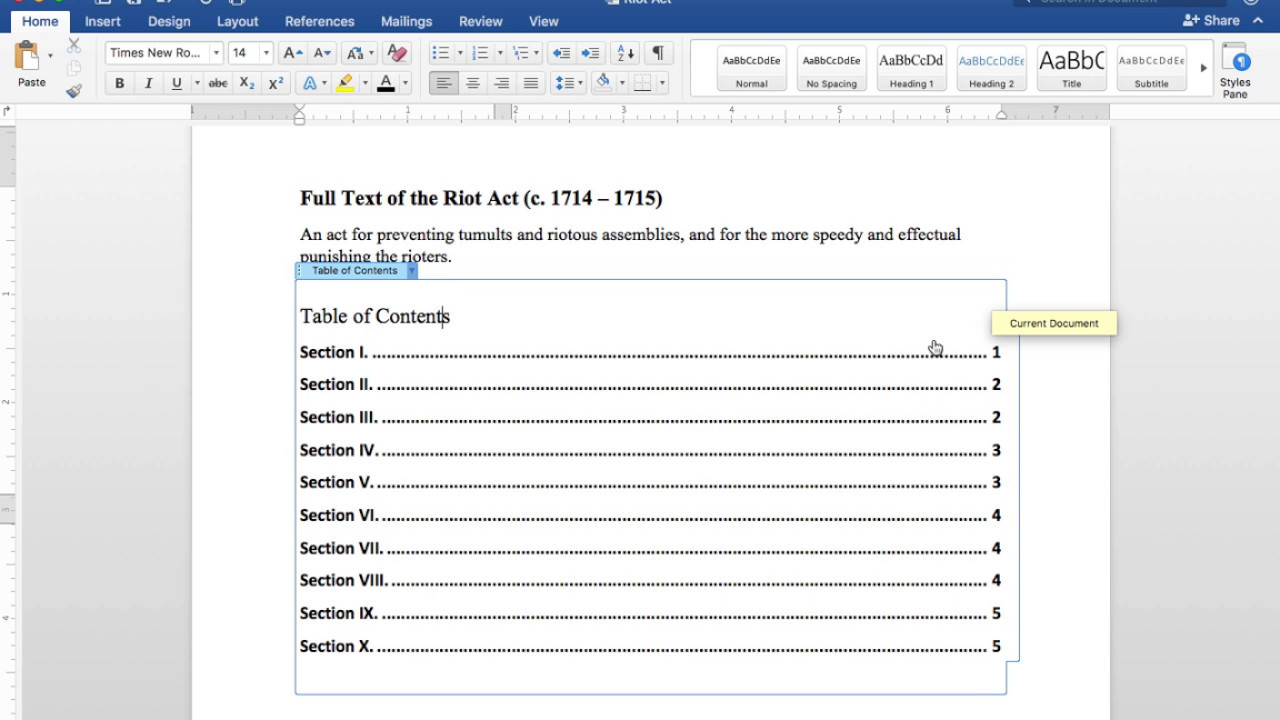 create table of contents in word document