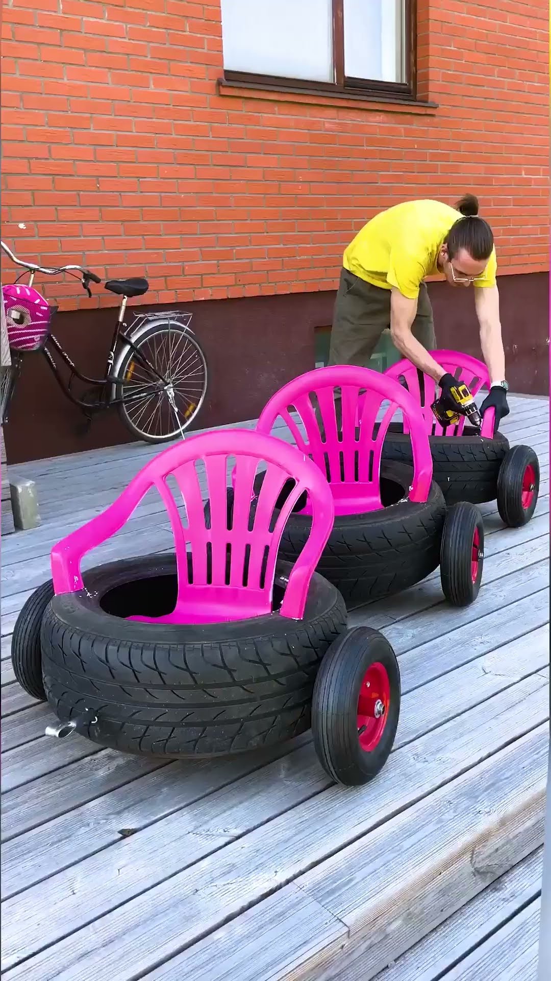 Super Dad Builds the Toddler Train out of Tires!