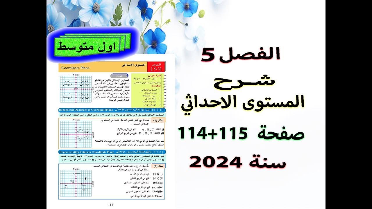 الفصل 5 شرح المستوى الاحداثي صفحة 114+115 رياضيات للصف الاول متوسط