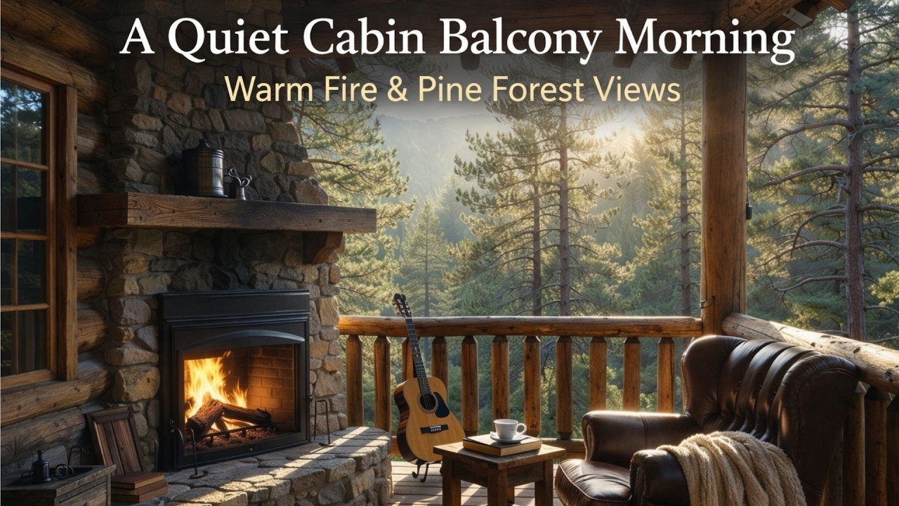 A Quiet Cabin Balcony Morning 🏔️ Warm Fire & Pine Forest Views with Acoustic Guitar Music