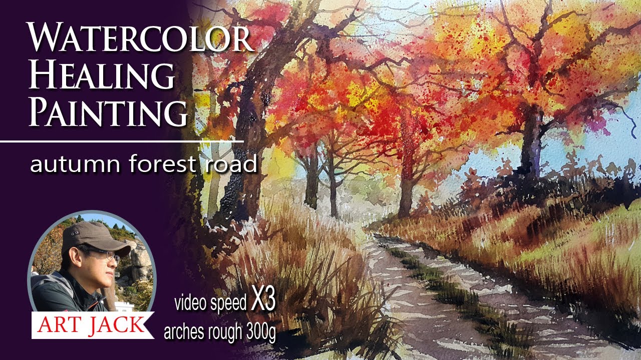 Watercolor healing painting / autumn landscape drawing / autumn forest ...