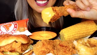 ASMR Popeyes Chicken Sandwich & Fried Chicken w Cheese Sauce, Corn, Apple Pie *No Talking