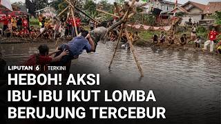Sampai Tercebur! Hebohnya Ibu-Ibu Ikuti Lomba Panjat Pinang di Karawang | Liputan 6