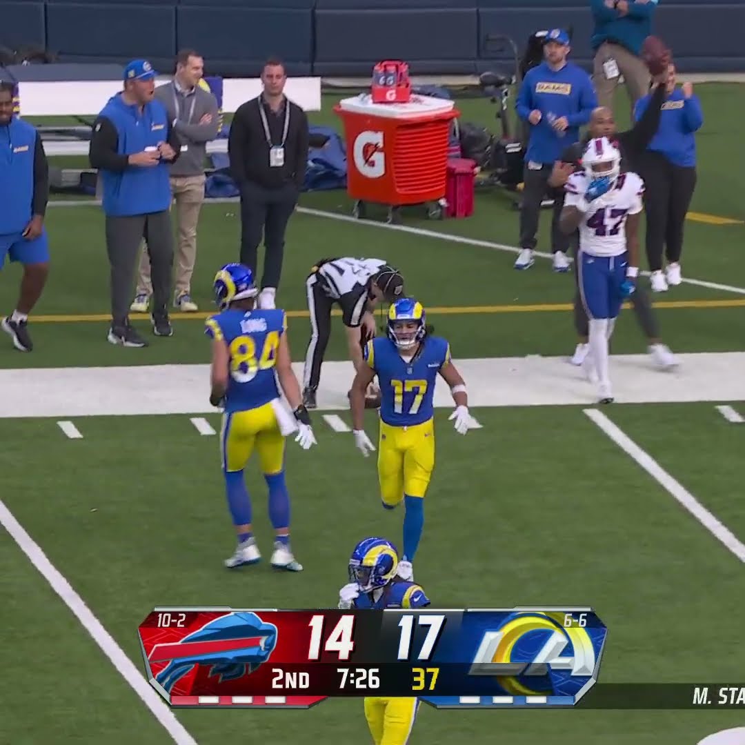 Puka Nacua with a spectacular catch for a 19-yard Gain vs. Buffalo Bills