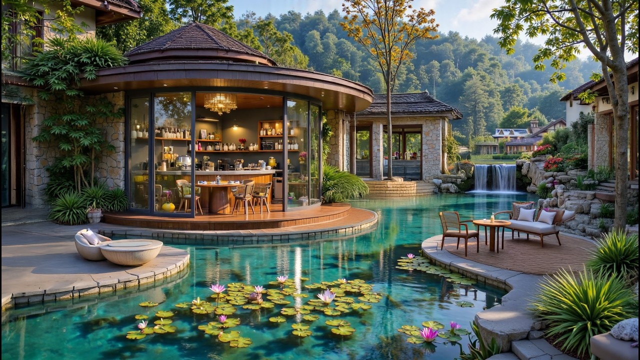 Gentle Morning Jazz by the Lakeside 🌸 Soft Open Café Ambience &  Nature Sounds For Stress Relief