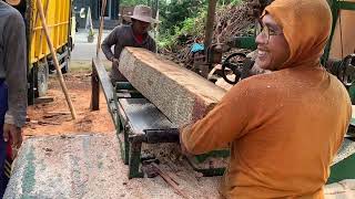 the process of cutting wood into blocks using a traditional rural saw machine