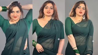Glamorous Dark Green Chiffon Transparent Saree With Green Cotton Blouse | Saree Fashion Show screenshot 1