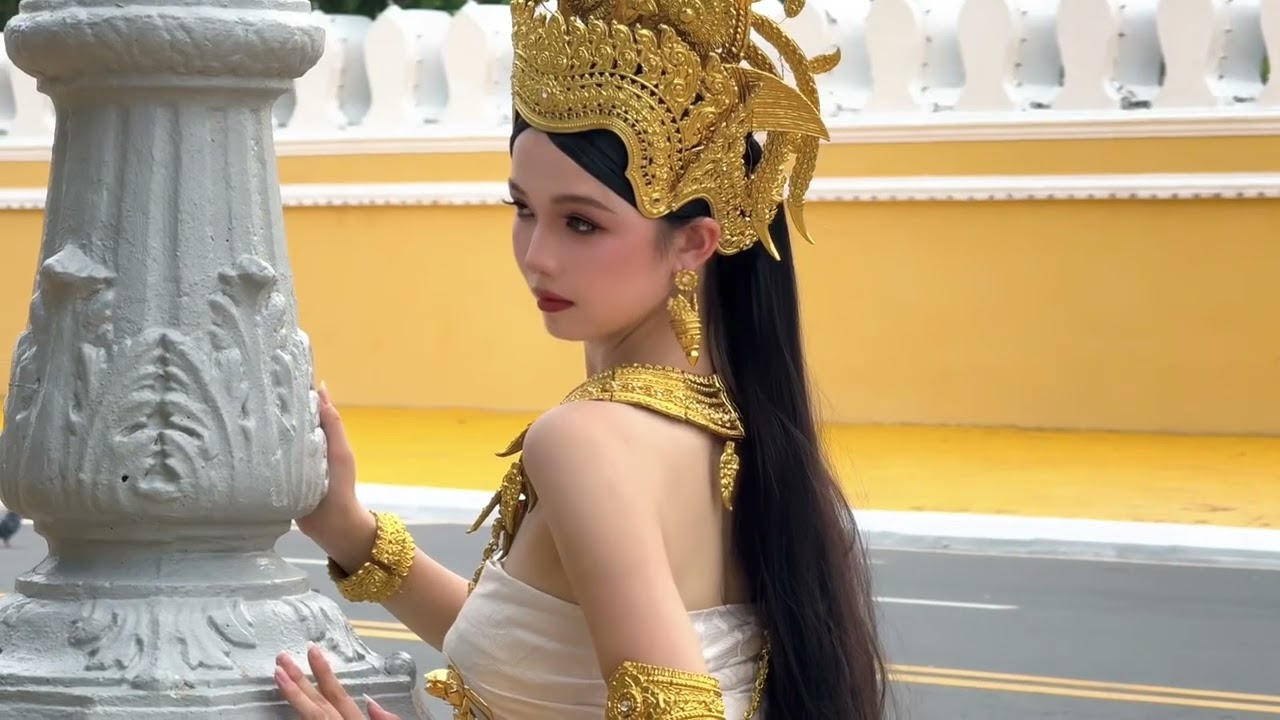 Students from Shanghai wearing Cambodian APSARA clothing at Techo International airport 