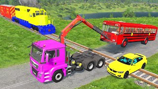 Truck Rescue Bus Cars and Trains - Cars Crosses Road - BeamNG.Drive