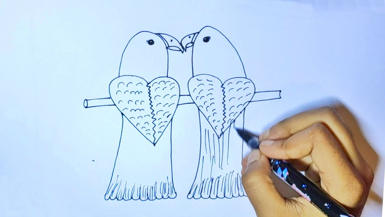 How To Draw Love Birds From 2 Hearts | How To Make Love Birds Drawing From Hearts In Easy Way