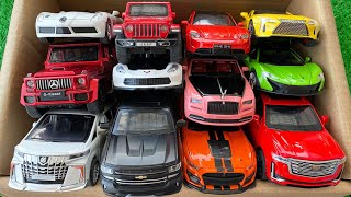 Diecast Cars in the box, SLR, Porsche, Jeep, Crosshairs, Rolls Royce, Alphard, Escalade.