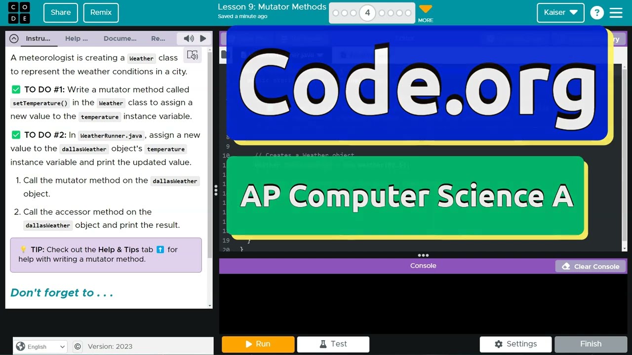 Code.org Lesson 9.4 Mutator Methods | Tutorial with Answers