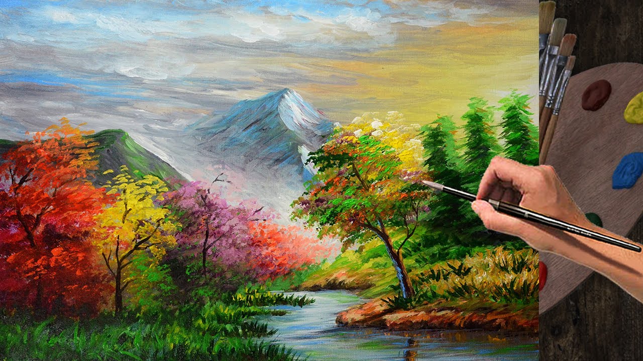 Easy Landscape painting idea with acrylics | Step by step art tutorial ...