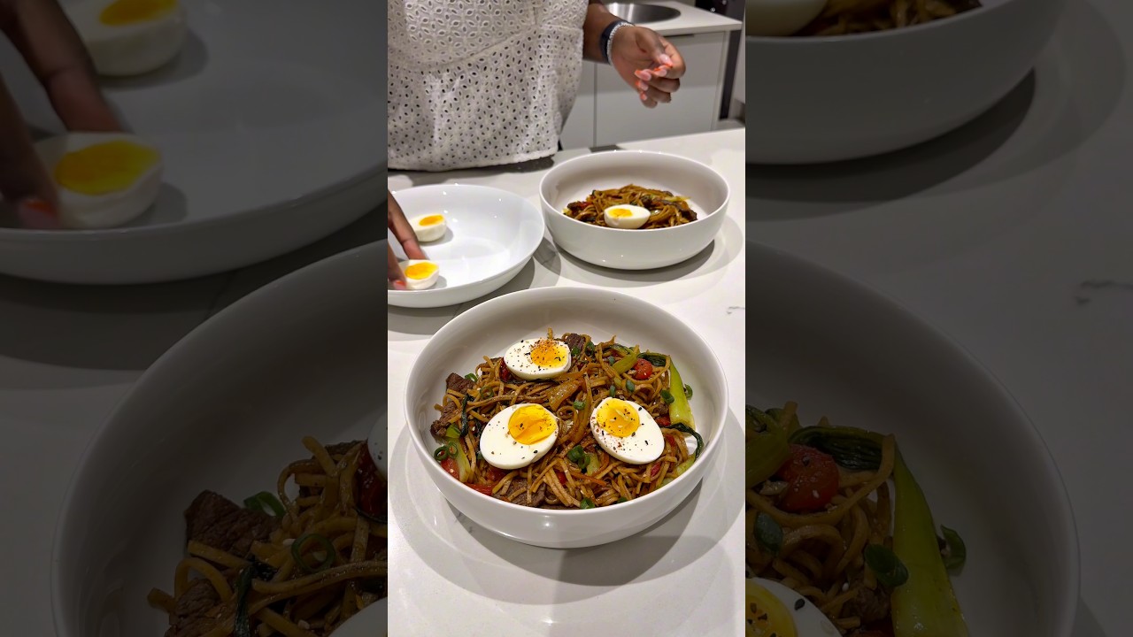 Ostrich Stir Fry Noodles with Jammy Eggs 