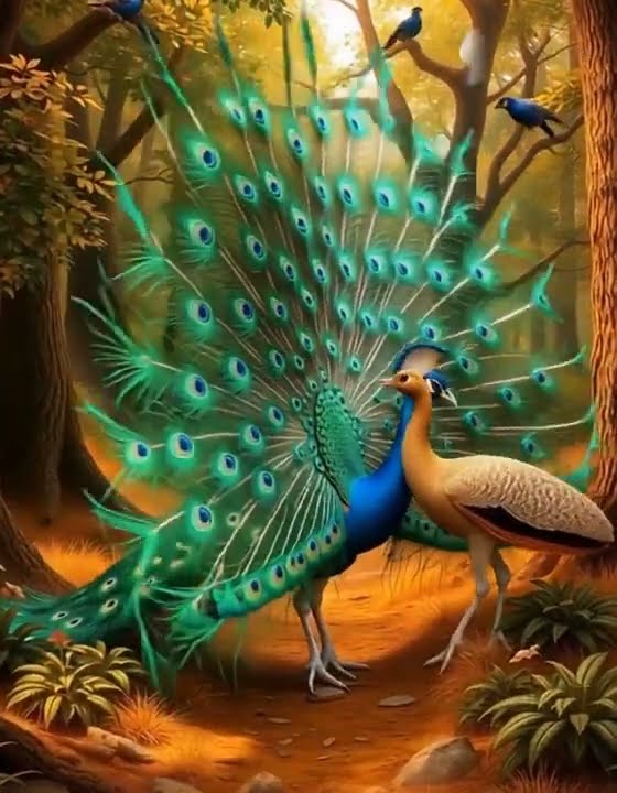 In a tranquil woodland bath in a warm golden sunlight peacocks engage in a delicate courtship dance