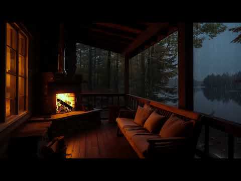 Heavy Rain at a Cozy Cabin by the Lake 🔥 Fireplace Ambience for Deep Sleep