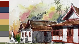 On-site architectural sketching and watercolor (perspective and lighting), Vat Longkhoun Temple