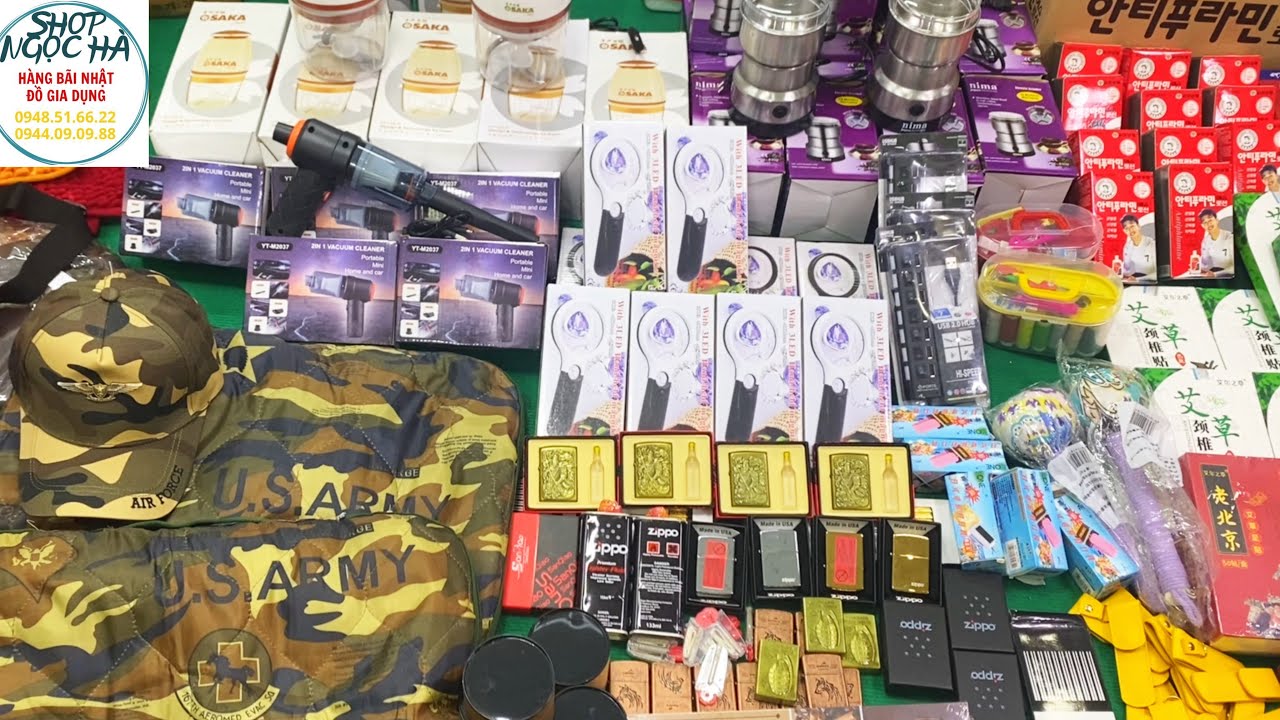 Mũ, đây nịt, võng USA, Zippo, xăng, đá, Nụ trầm, hút bụi, máy xay mini, kính lúp, dán thải độc…