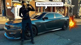 BURBLE TUNED DODGE CHARGER RT DRIVES THROUGH THE HOOD..(SHOTS FIRED!)