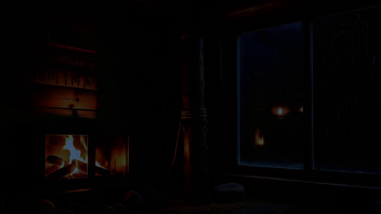 Midnight Rain on Window Sounds with Crackling Fireplace Sounds for Stress Relief