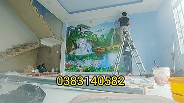 Tranh dán tường 3d phòng khách cảnh sơn thủy hữu tình đẹp tuyệt vời tại xưởng tranh Song Thành
