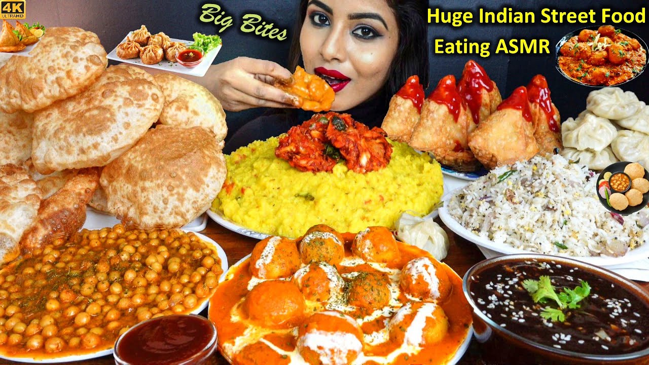 Eating Egg Fried Rice,Poori,Chana Masala,Aloo,Chicken Momos | Indian Street Food ASMR Eating Mukbang