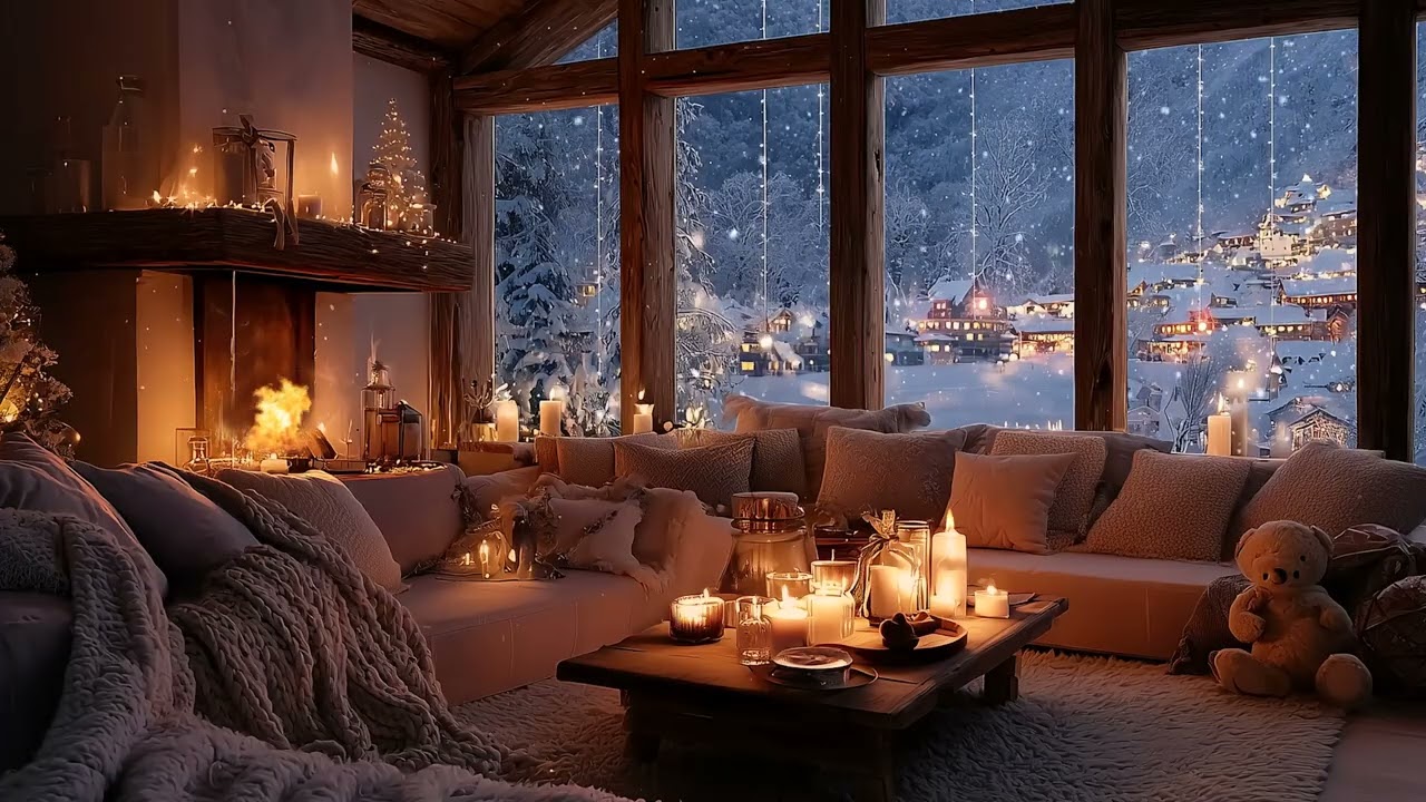 Soothing Winter Piano Snowfall & Fireplace Ambience for Relaxing Night