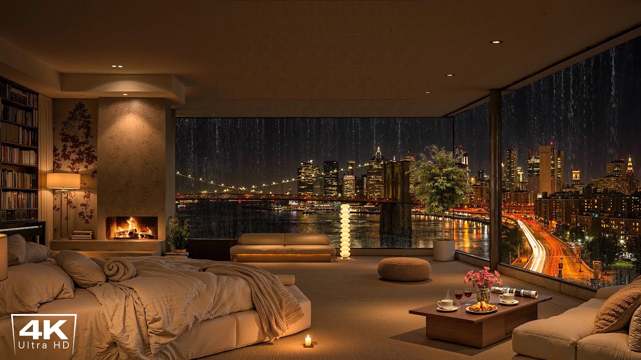 Brooklyn Bridge Night View 🌉 Cozy NY Apartment with Soft Piano Jazz, Rain & Fireplace Sounds