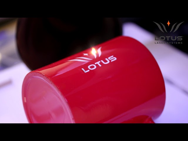 Lotus Laser Systems Meta C 75w CO2 laser engraving a ceramic mug
