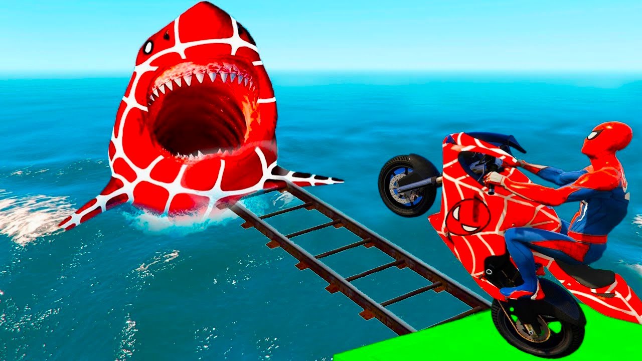 سبايدر مان اصعب دراجة نارية فوق اسماك القرش - Superheroes Ride on Motorcycle Stunt Funny Moments??