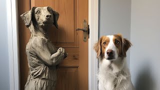 Dog is completely confused by a dog statue that looks like him!